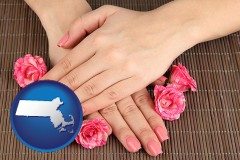 massachusetts map icon and a manicure (pink fingernails)