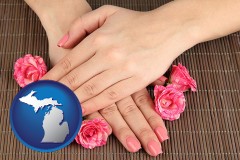 michigan map icon and a manicure (pink fingernails)