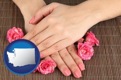 washington map icon and a manicure (pink fingernails)
