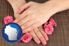 wisconsin map icon and a manicure (pink fingernails)