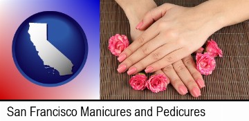 a manicure (pink fingernails) in San Francisco, CA